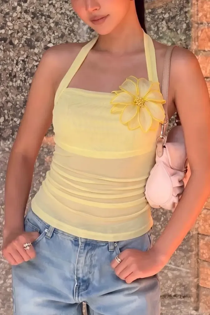 Yellow Floral Halter Crop Top - Image 1