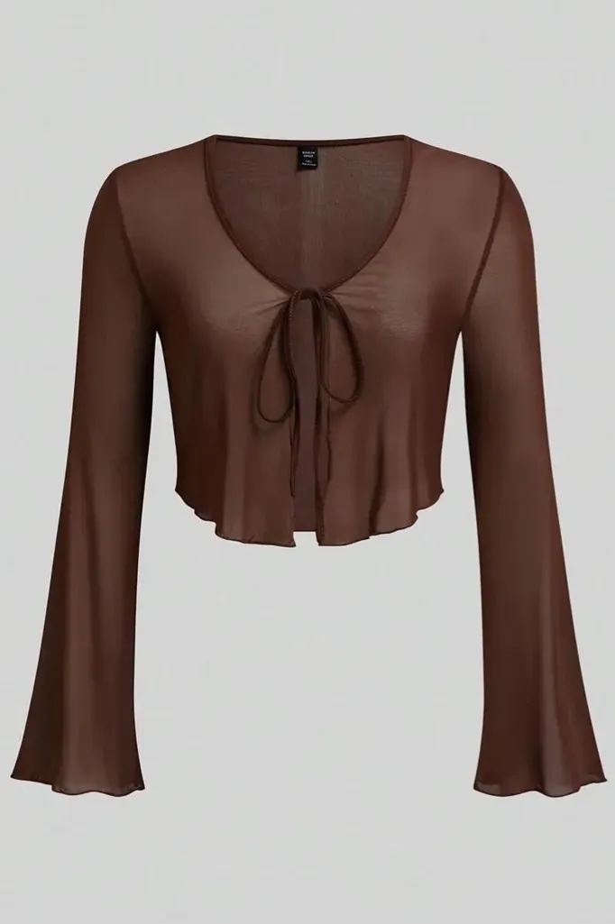 Brown Solid Flared Sleeve Top - Image 1
