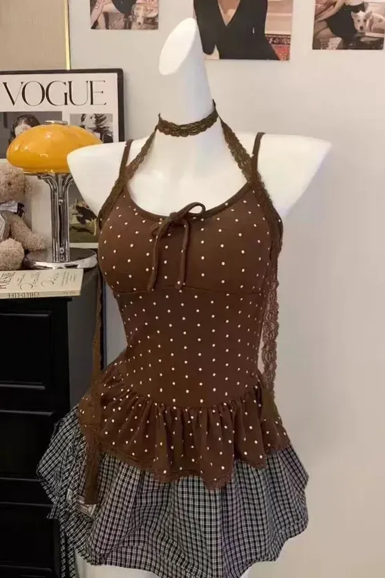 Brown Polka Dot Top With Lace Scarf - Image 1