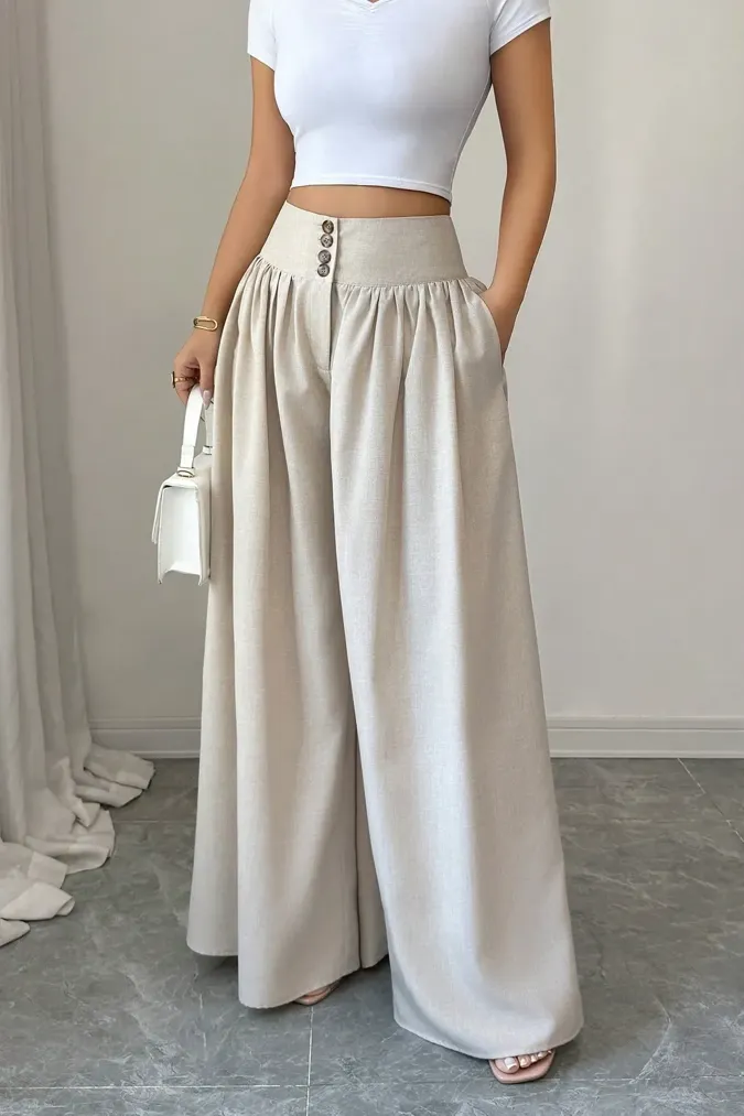 Beige Solid High-Rise Pants - Image 1