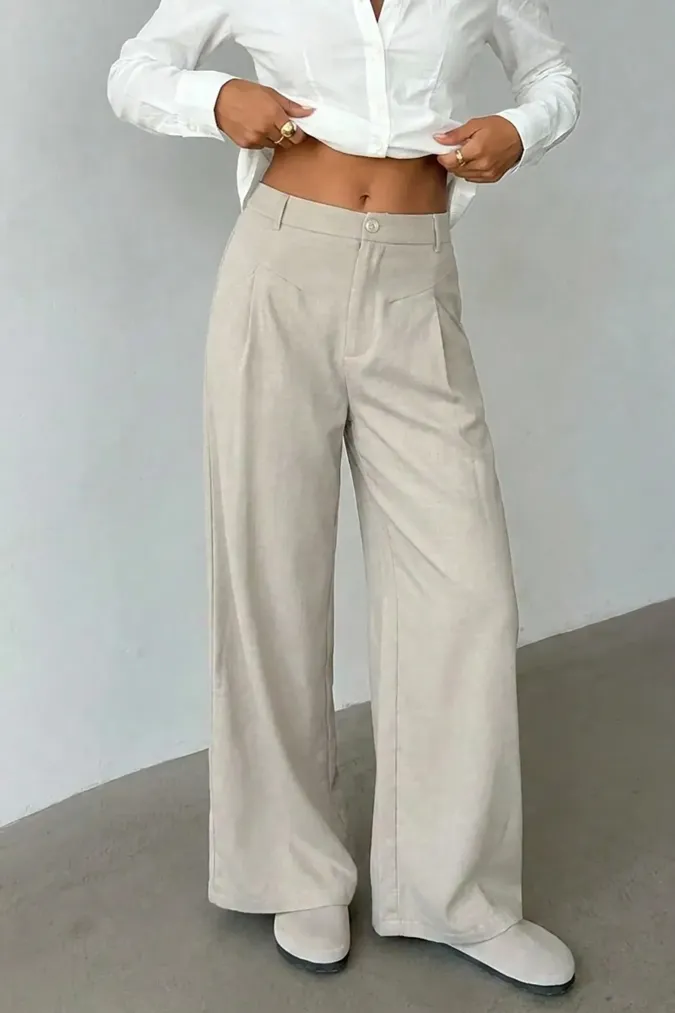 Beige Pleated Mid-Rise Trousers - Image 1