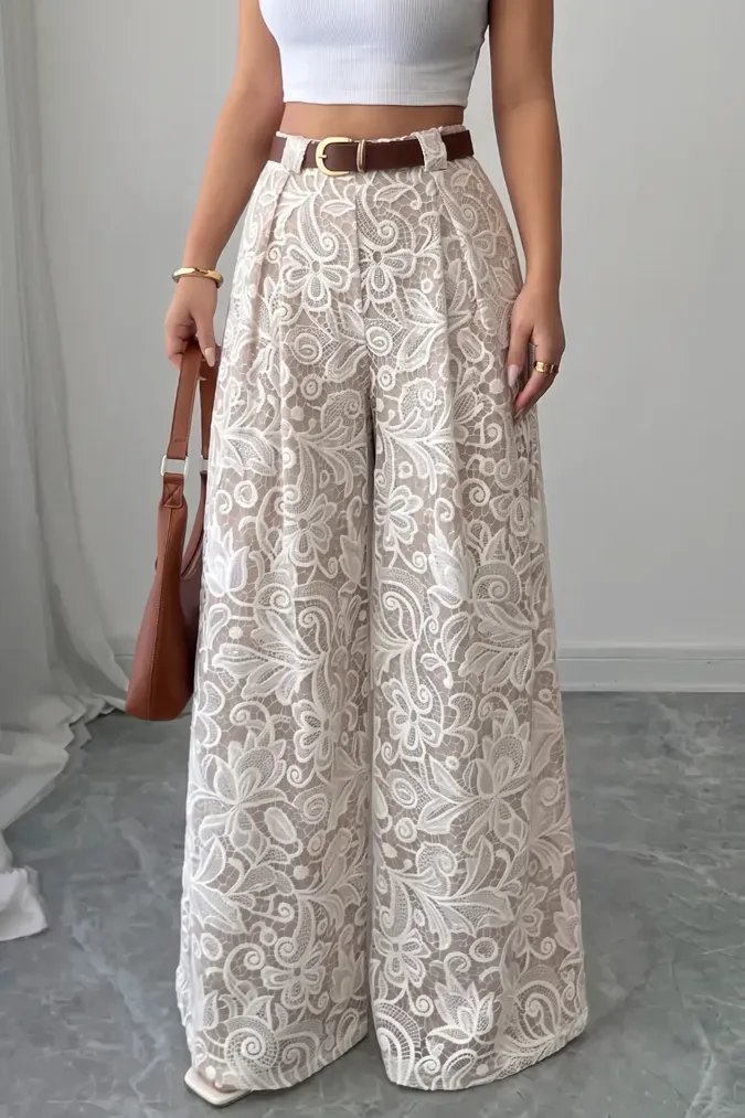 Beige Floral Mid Rise Trousers - Image 1