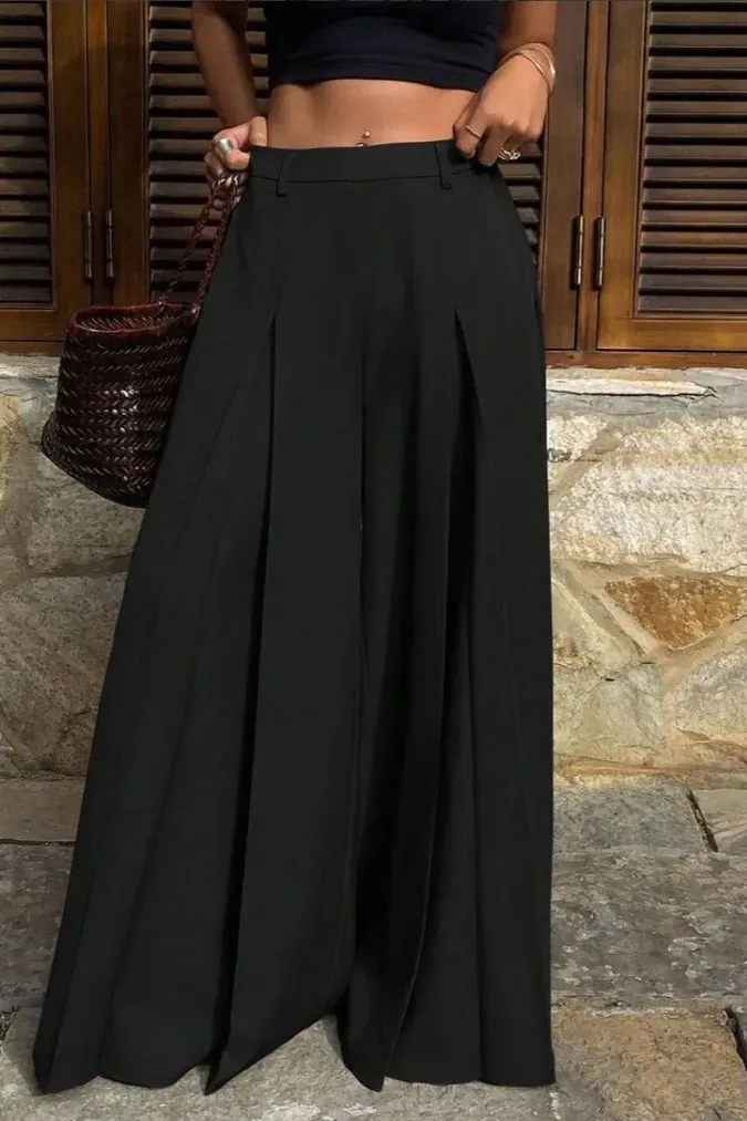 Black Solid Pleated Trousers - Image 1