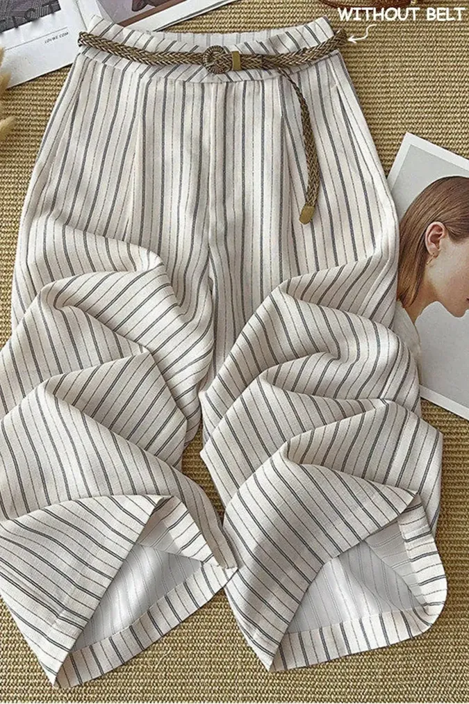 White Striped Mid Rise Belted Pants - Image 1