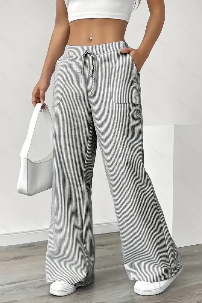Black Mid-Rise Striped Pants - Image 1