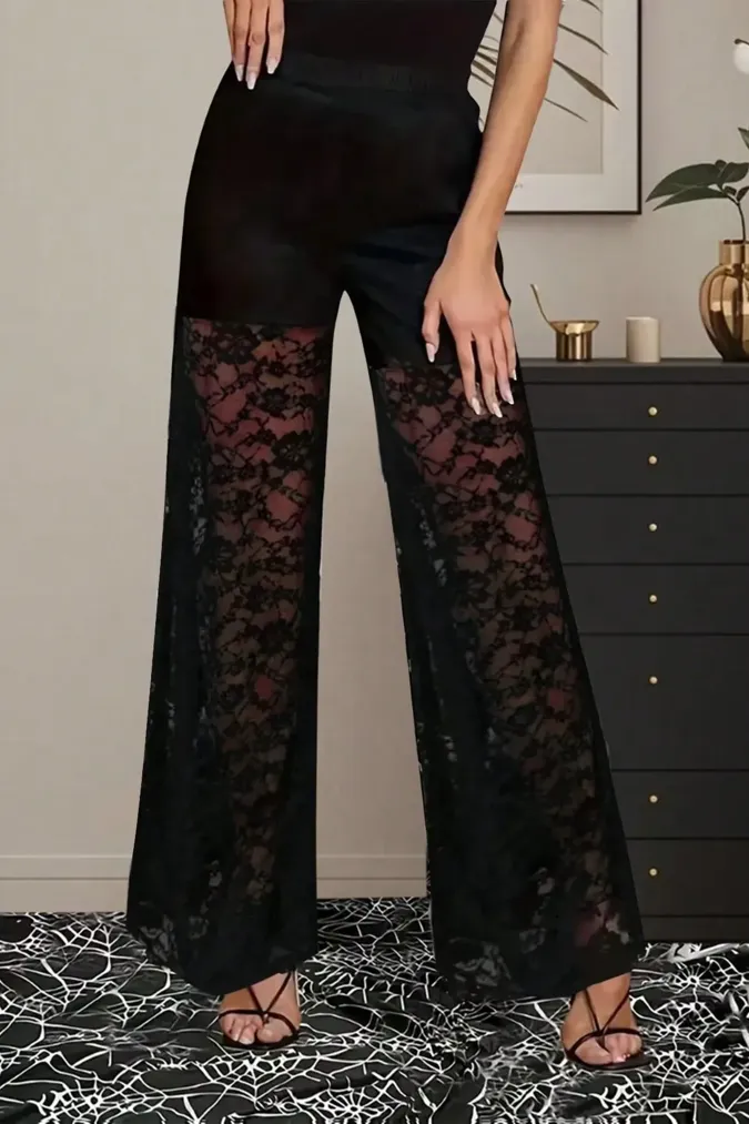 Black High-Rise Lace Pants - Image 1