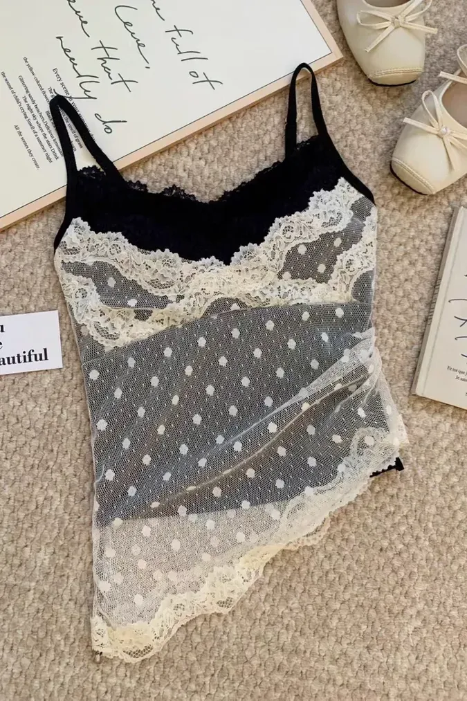 Black Lace Overlay Cami Top - Image 1