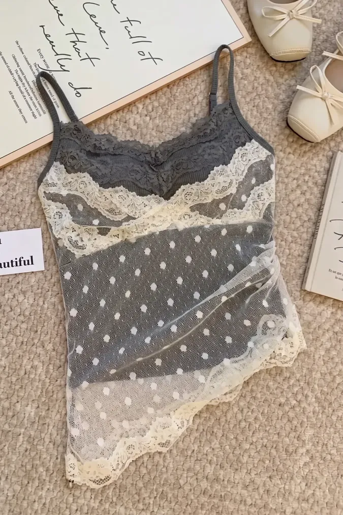 Grey Lace Overlay Cami Top - Image 1