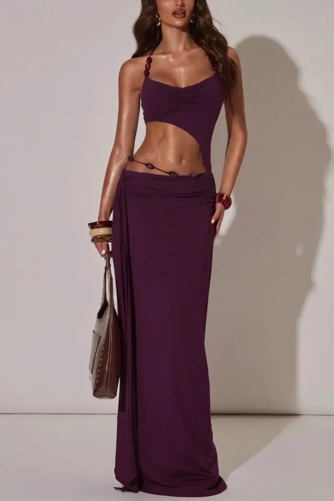Purple Ruched Cut-Out Maxi Dress - Image 1