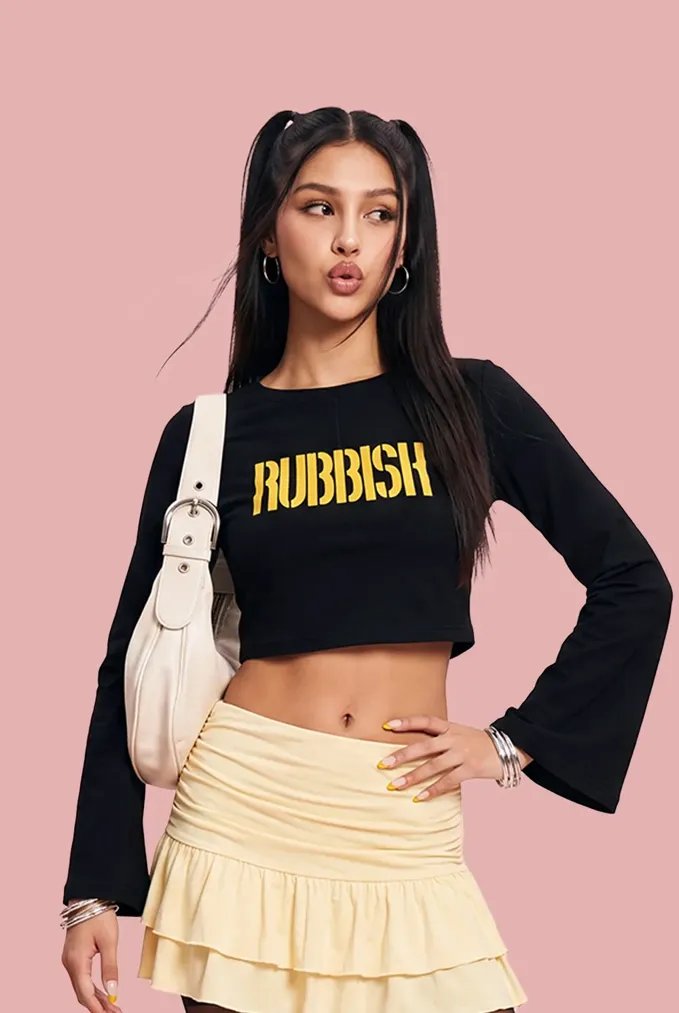 Black Typography Flared Sleeves T-Shirt - Image 1