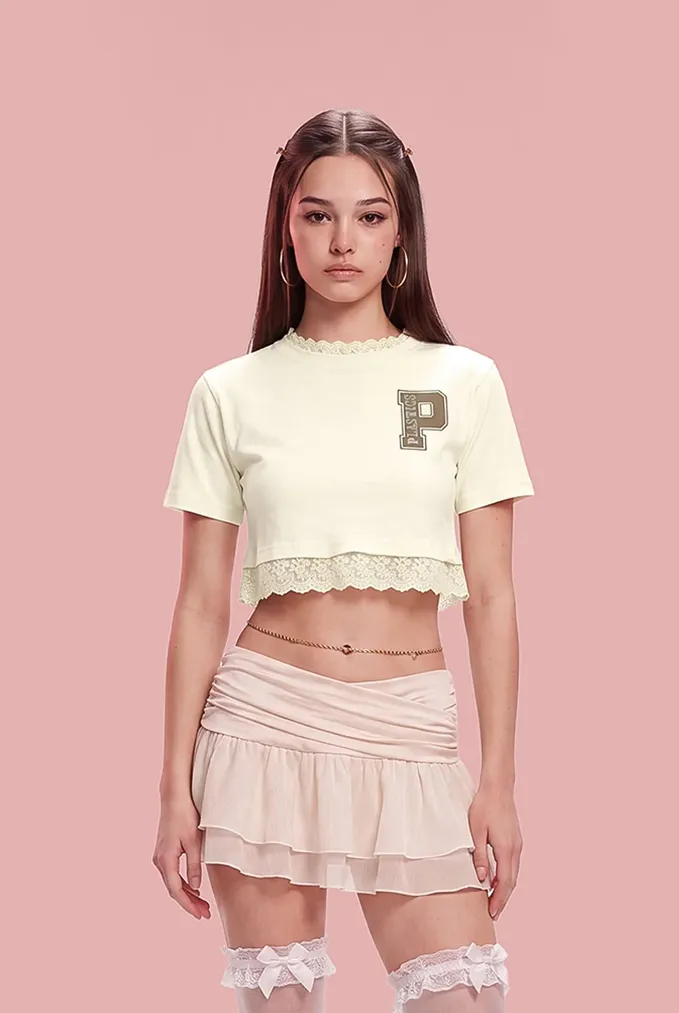 Cream Typography Crop T-Shirt - Image 1