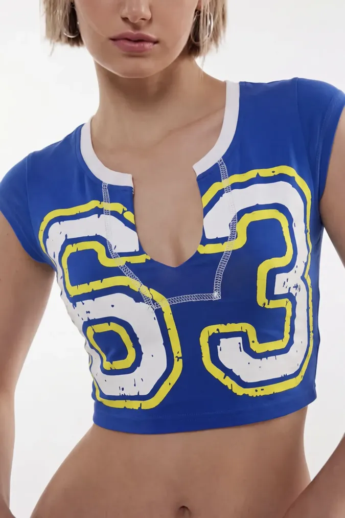 Blue Graphic Printed Crop T-Shirt - Image 1