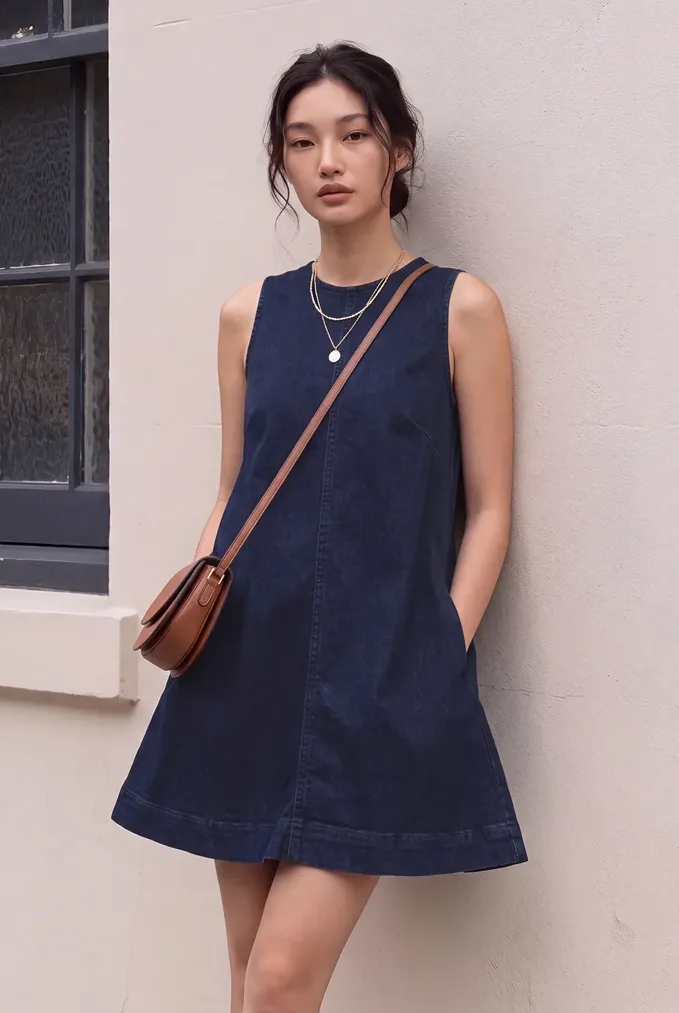 Navy Solid Flared Denim Dress - Image 1