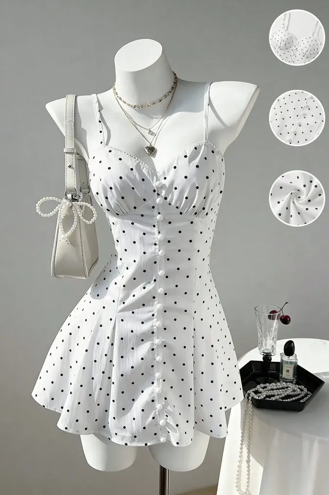 White Polka Dot Buttoned Dress - Image 1