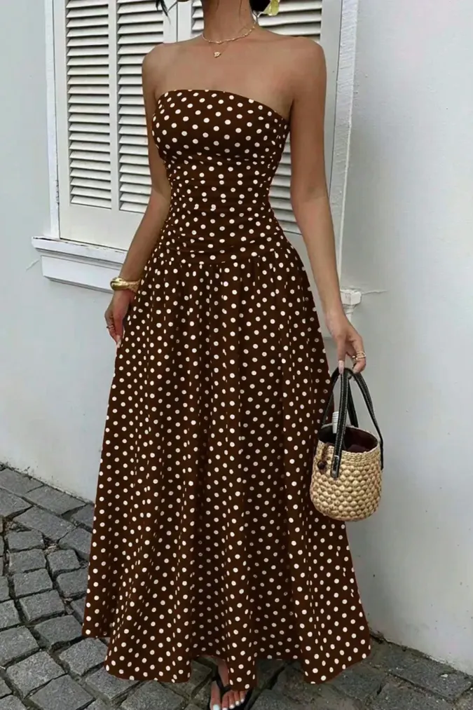 Dark Brown Polka Dot Tube Maxi Dress - Image 1