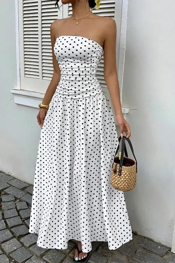 White Ruched Polka Dot Maxi Dress - Image 1