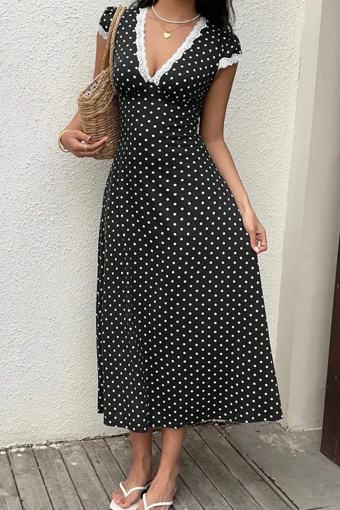 Black Polka Dot V-Neck Midi Dress - Image 1