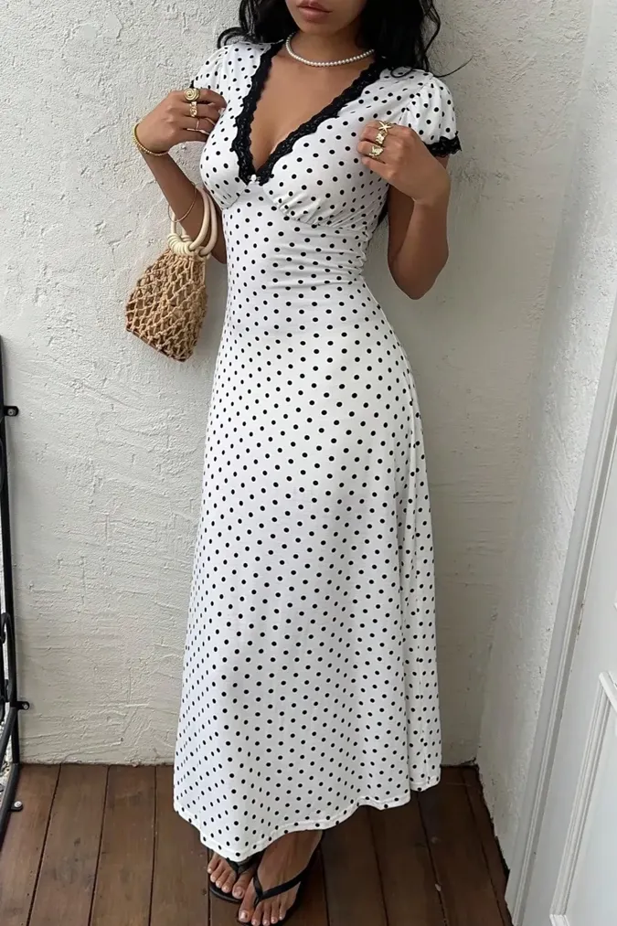 White Polka Dot V-Neck Midi Dress - Image 1