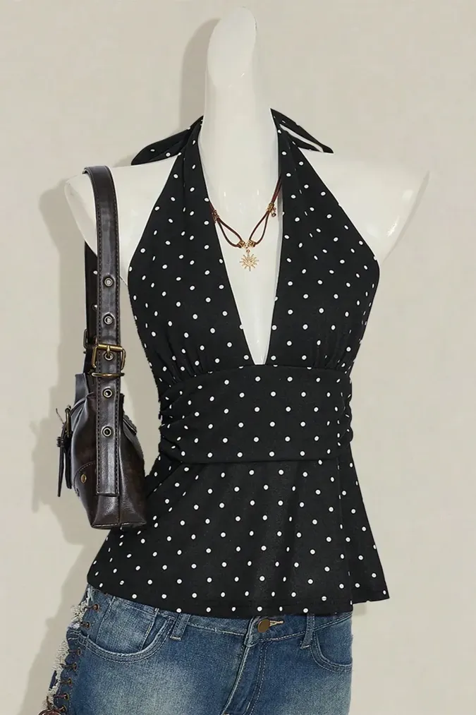 Black Polka Dot Halter Top - Image 1