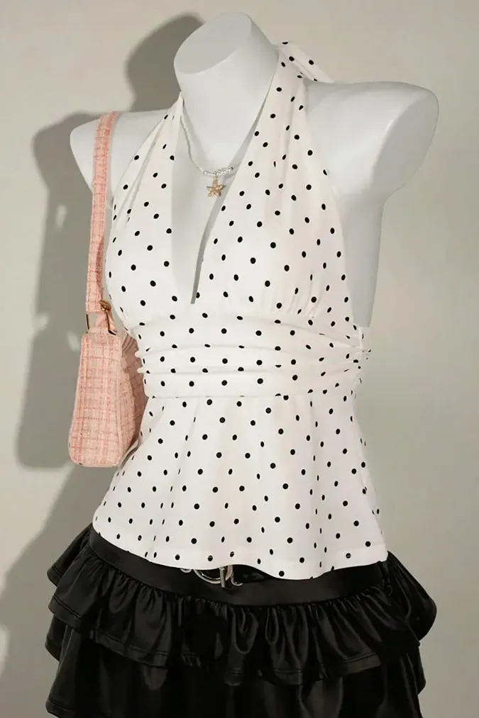 White Halter Neck Polka Dot Top - Image 1