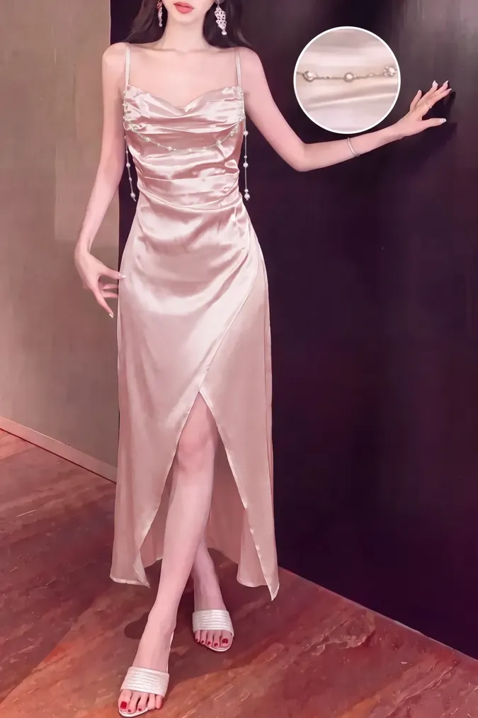 Light Pink Pearl Embellished Maxi Dress - Image 1