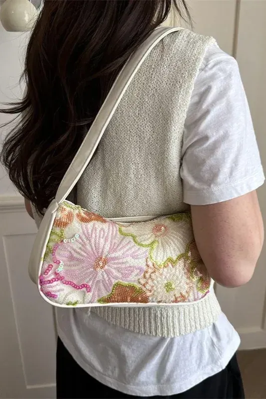 White Floral Sequined Shoulder Bag - Image 1