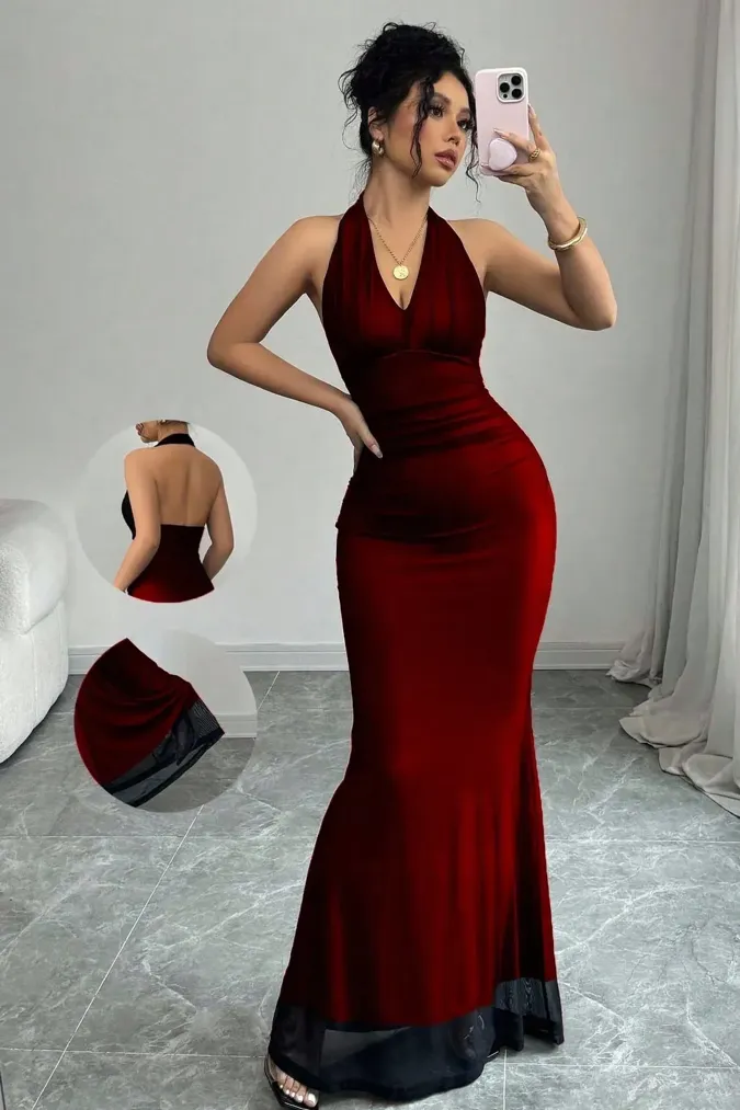 Red Backless Halter Maxi Dress - Image 1