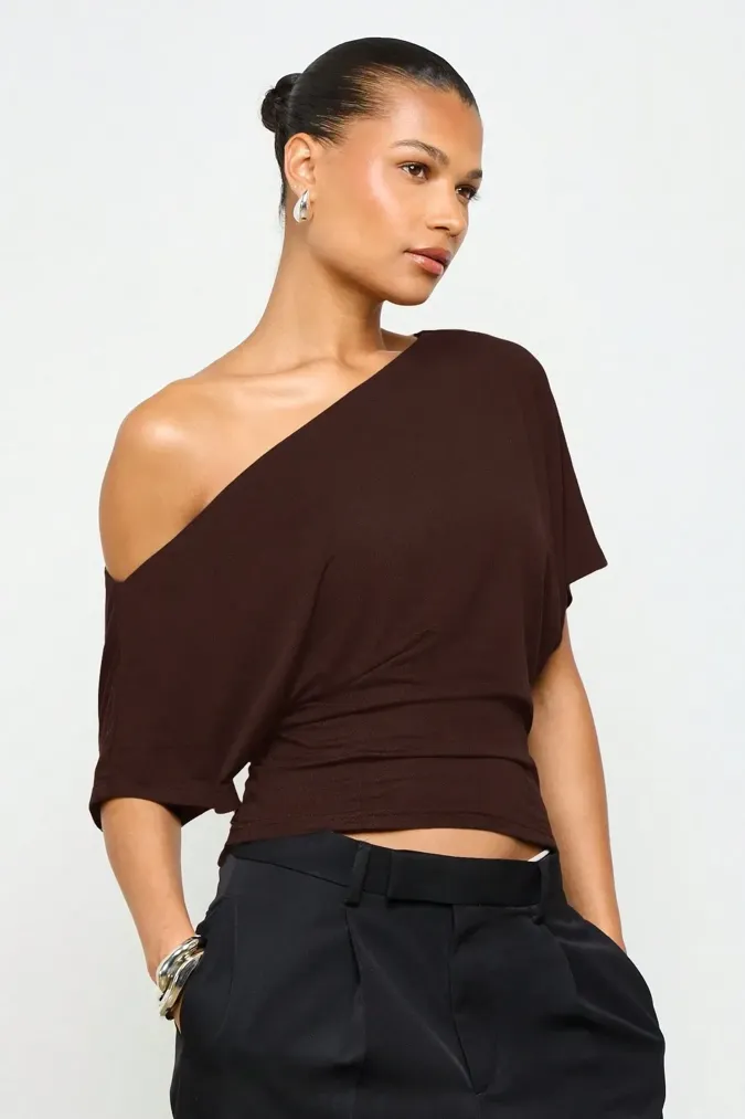 Dark Brown One-Shoulder Crop T-Shirt - Image 1