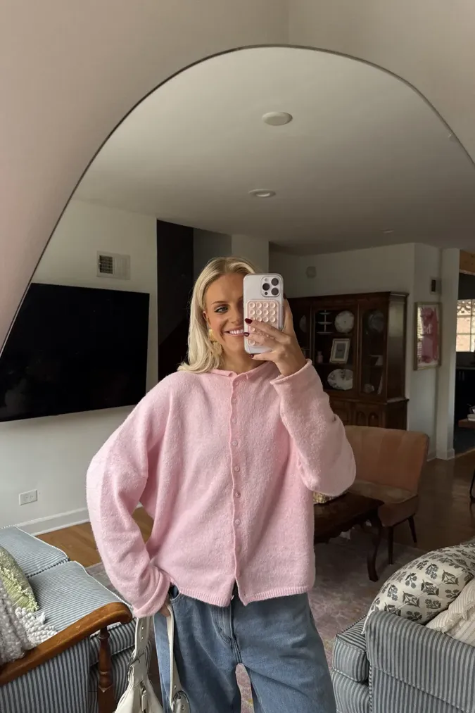 Light Pink Buttoned Crew Neck Cardigan - Image 1