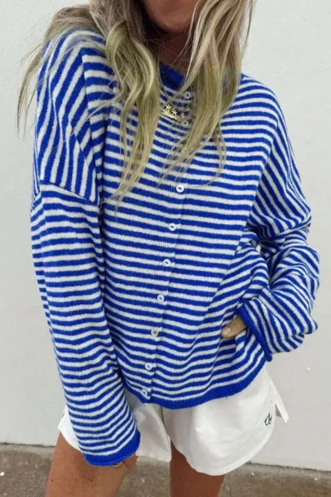 Blue Striped V-Neck Cardigan - Image 1
