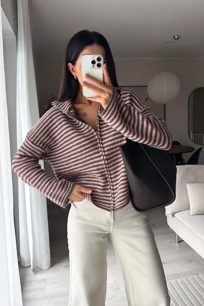 Light Pink Striped Zipper Cardigan - Image 1