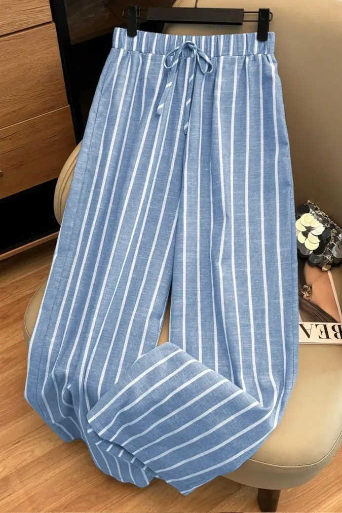 Light Blue Mid-Rise Striped Pants - Image 1
