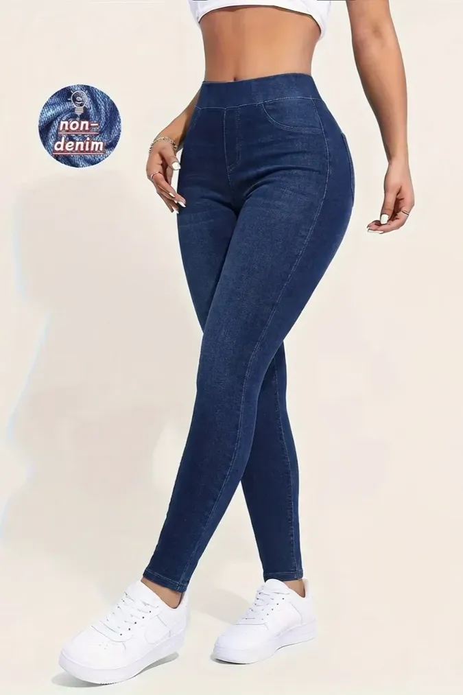 Dark Blue Solid High-Rise Leggings - Image 1