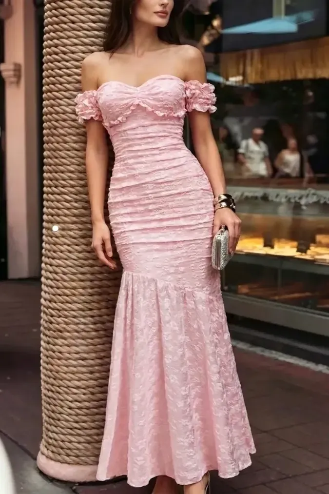 Light Pink Lace Mermaid Maxi Dress - Image 1