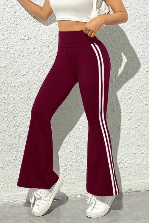 Maroon Striped High Rise Bootcut Trousers - Image 1