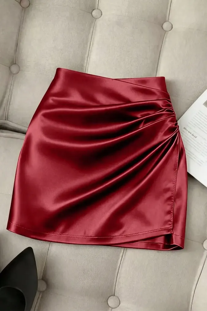 Red Ruched Draped Mini Skirt - Image 1