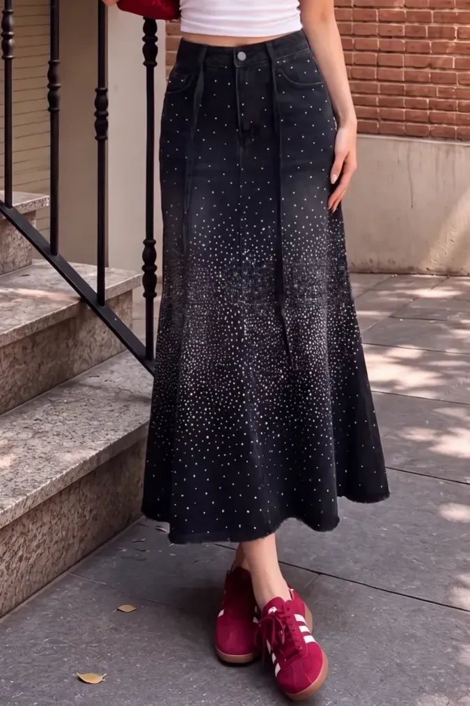 Black Glitter Mid Rise Denim Skirt - Image 1