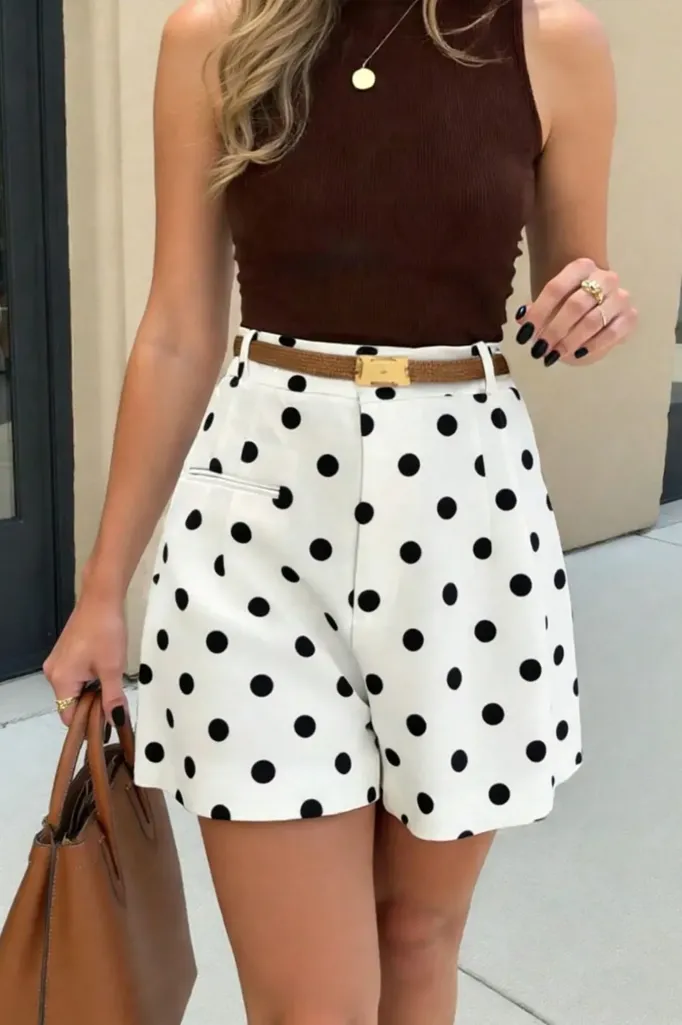 White Polka Dot Mid Rise Shorts - Image 1