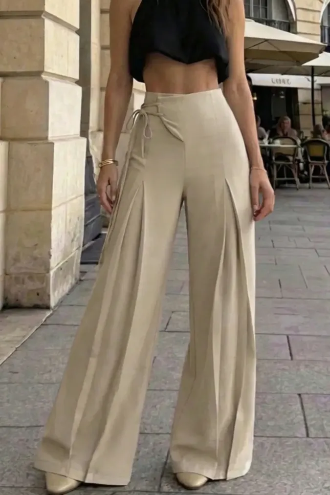 Beige High Rise Wide Leg Pants - Image 1
