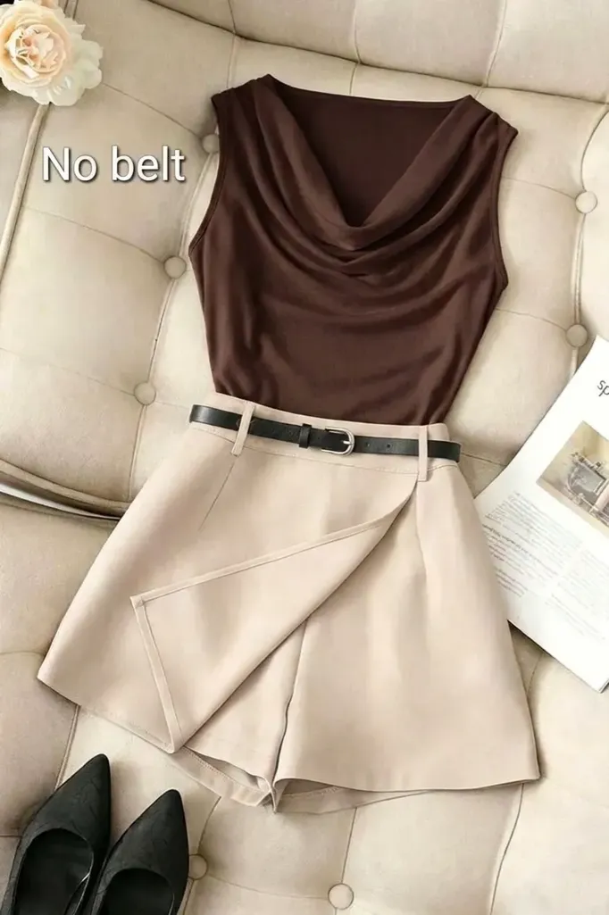 Brown Solid Cowl Neck Co-Ords Set - Image 1