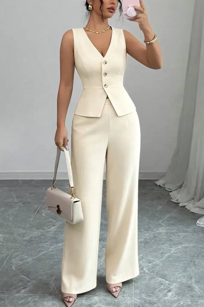 Beige Solid V-Neck Co-Ord Set - Image 1