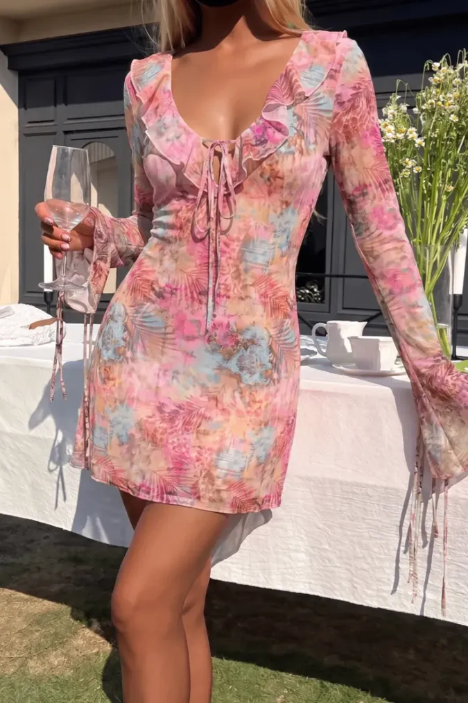 Pink Abstract Ruffled Mini Dress - Image 1