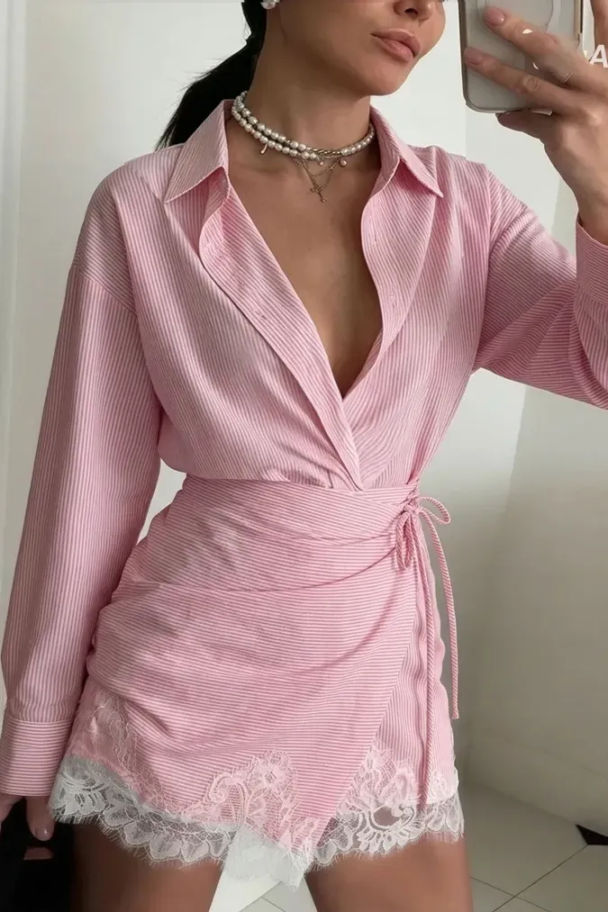 Pink Striped Wrap Mini Dress - Image 1