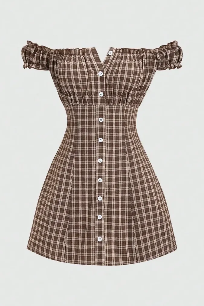Brown Plaid Off Shoulder Mini Dress - Image 1