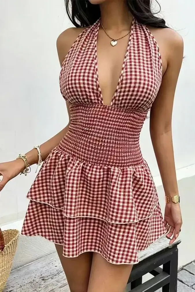 Red Gingham Halter Mini Dress - Image 1