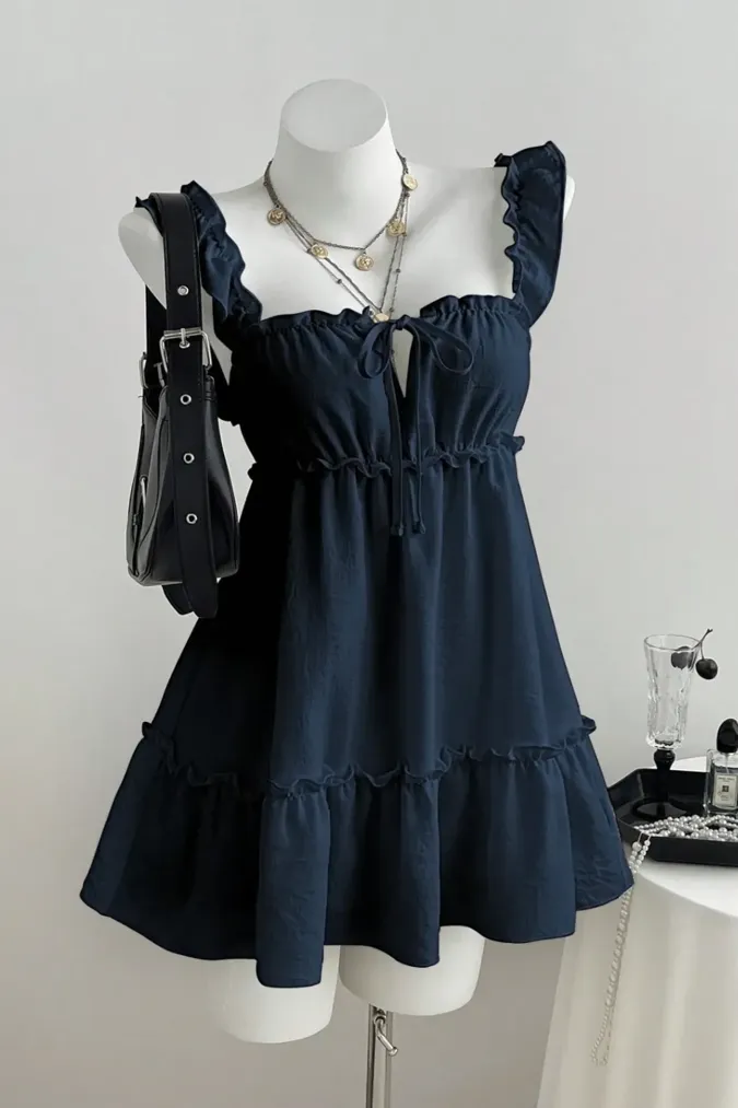 Navy Blue Solid Ruffled Mini Dress - Image 1
