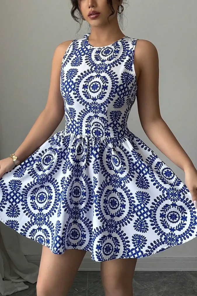 Blue Geometric Printed A-Line Dress - Image 1
