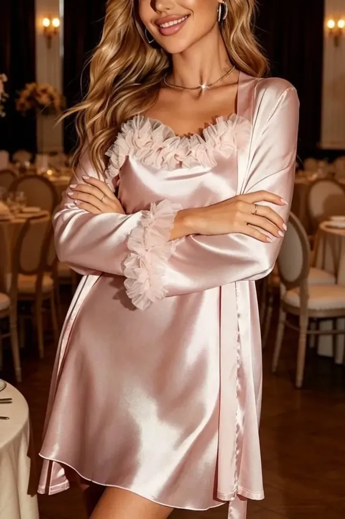 Light Pink Solid Ruffled Dress With Robe - Image 1