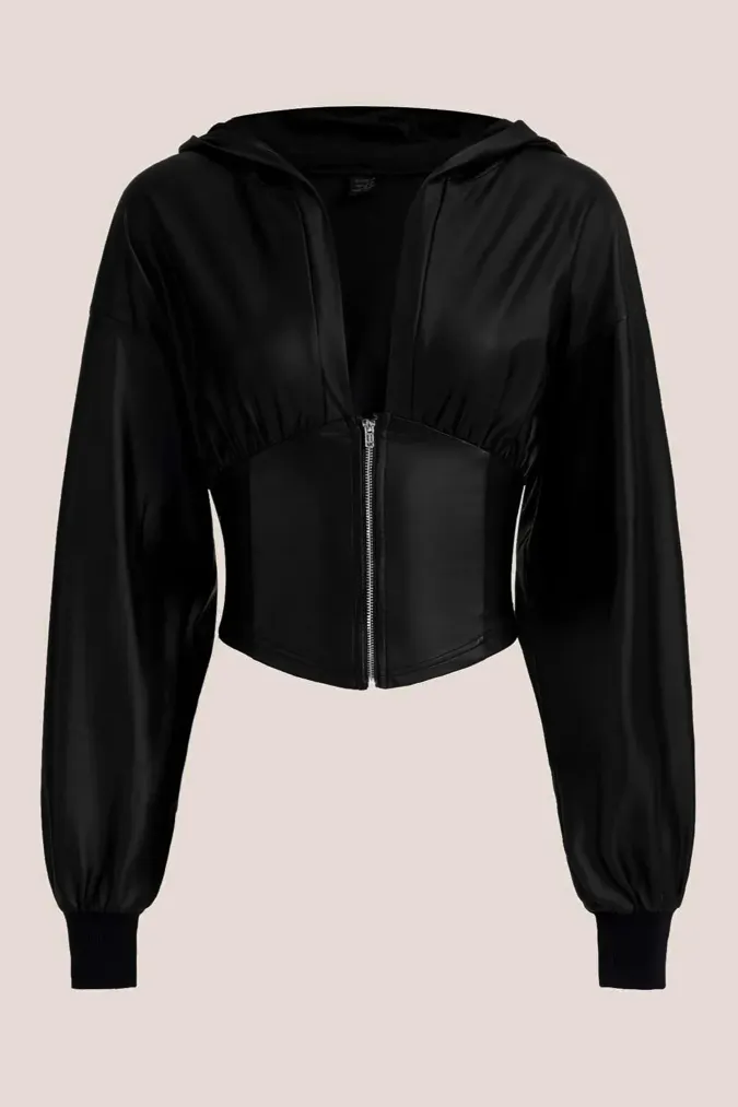 Black Solid Zipper Hooded Jacket - Image 1