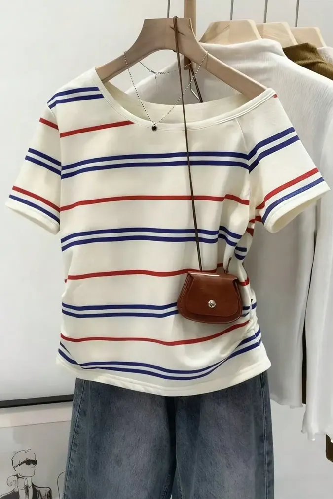 White Striped One Shoulder T-Shirt - Image 1